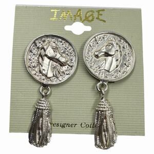 VTG 90s MATTE SILVER EQUESTRIAN CHUNKY HORSE TASSEL CLIP EARRINGS NEW OLD STOCK